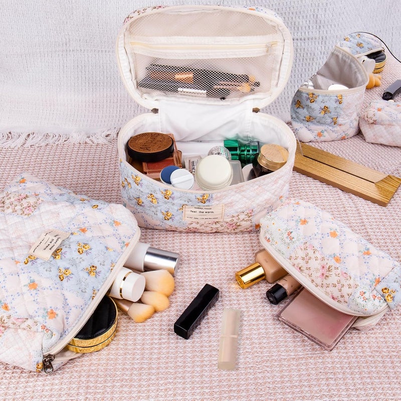 Gosect Makeup Bag Set, Quilted Makeup Bag, Large Floral Cosmetic Bag for Women, Cute Cotton Makeup Bags, Flower Travel Toiletry Organizer Bag (Folk Style) - Image 5